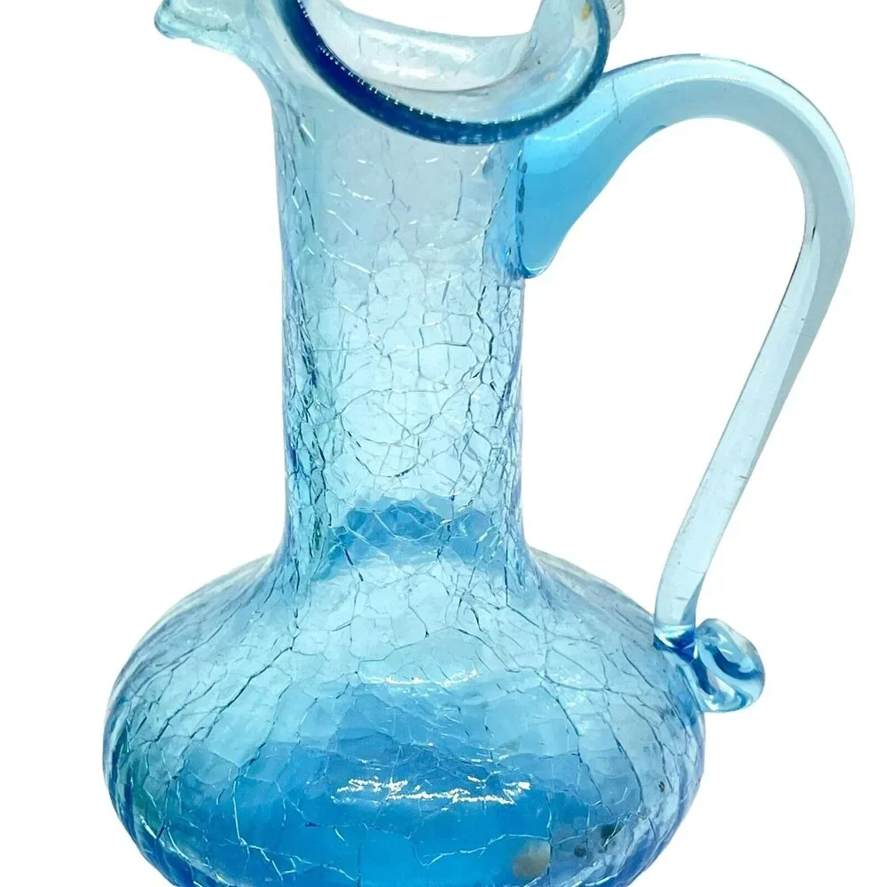 Crackle Glass Vases Pitchers Vintage Blue Green Ruffled Edge Handheld Set Of 2 - Picture 7 of 16